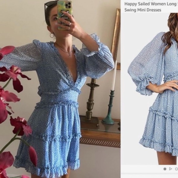 TikTok famous Ruffled layer long sleeve open back swing‎ mini dress Small - Picture 4 of 15